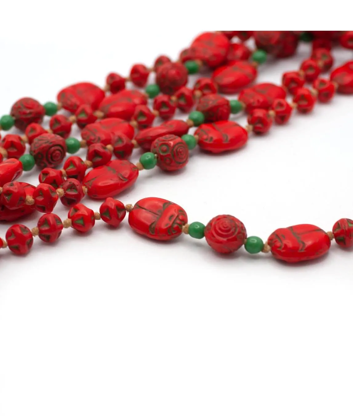 Neiger Brothers red glass Egyptian Revival necklace scarab detail