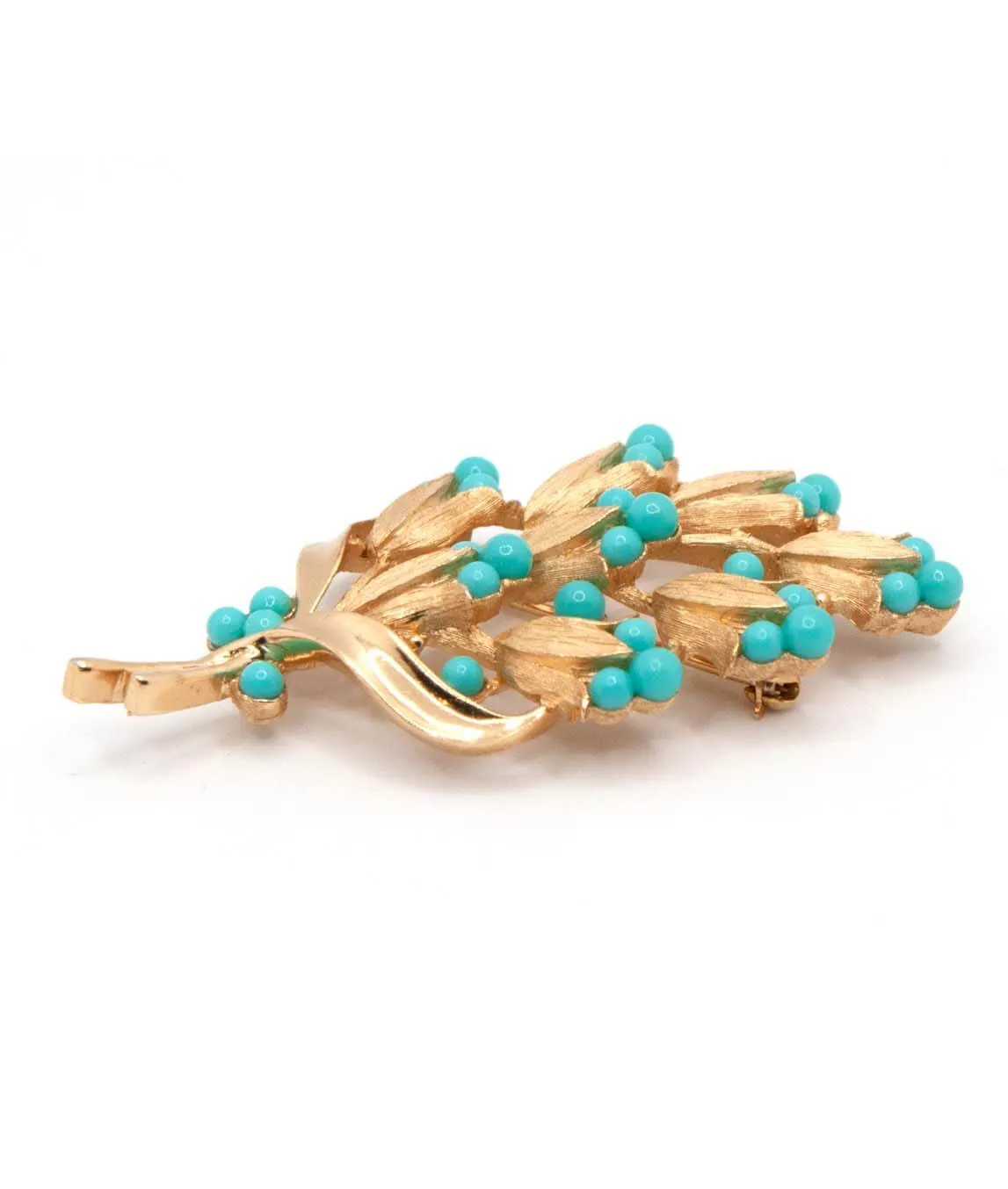 Vintage Trifari floral brooch in gold tone with turquoise beads side view