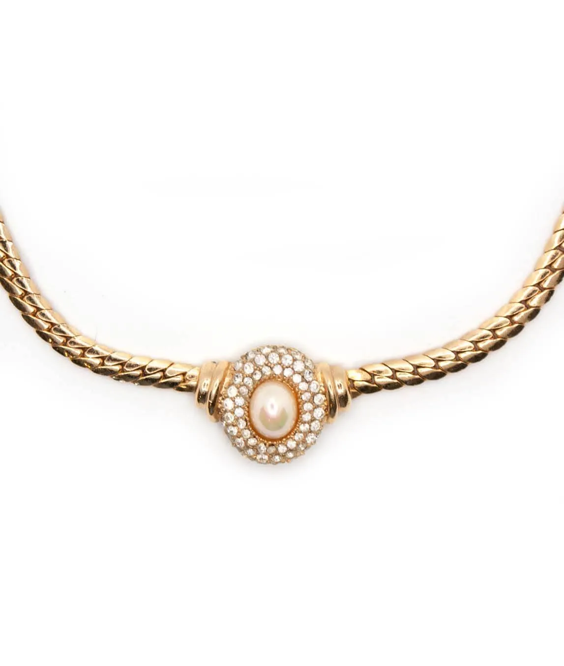 Christian Dior flat chain necklace with rhinestones and iridescent pearl