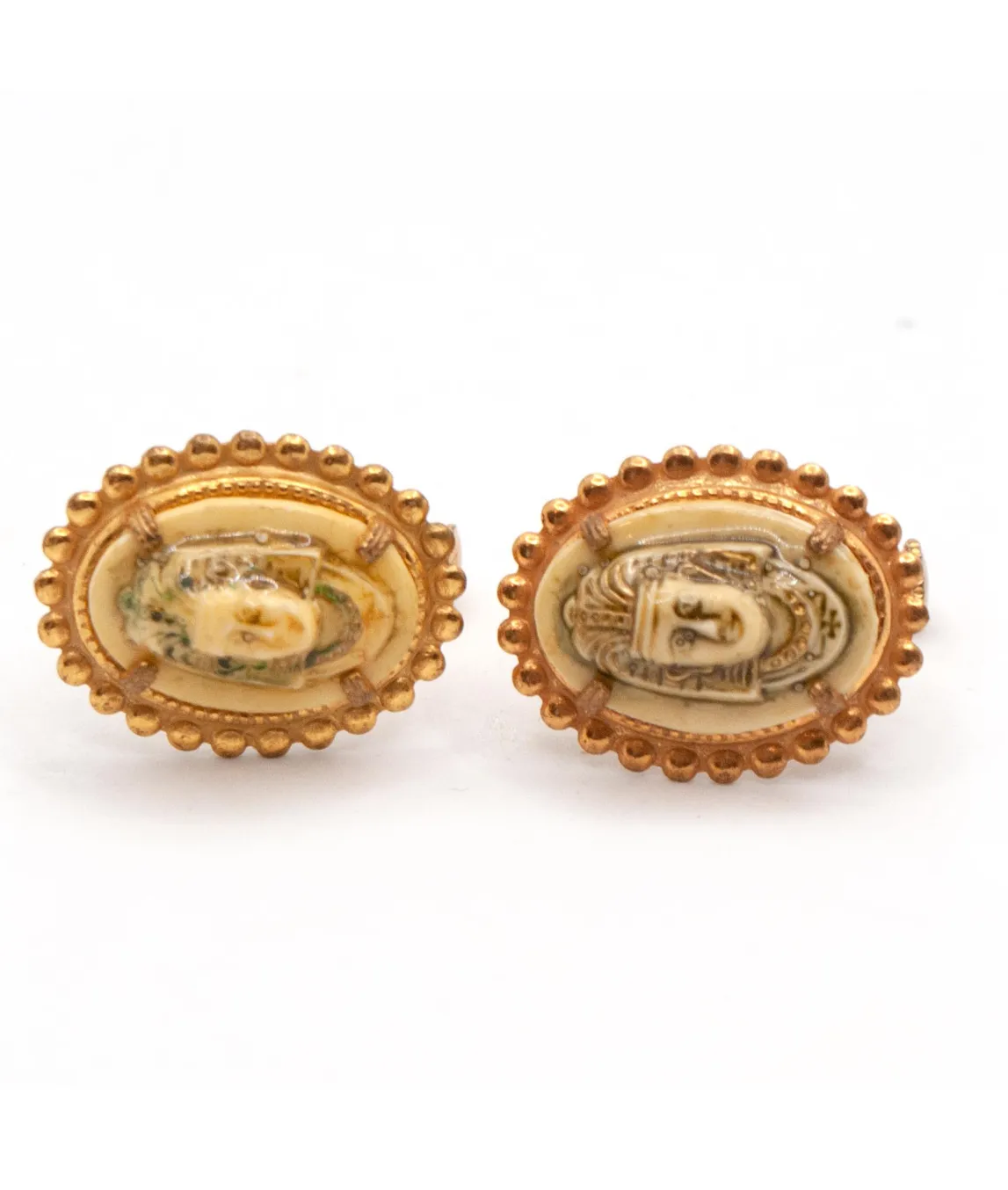 Miriam Haskell cream and golden Egyptian earrings painted with blue and green 
