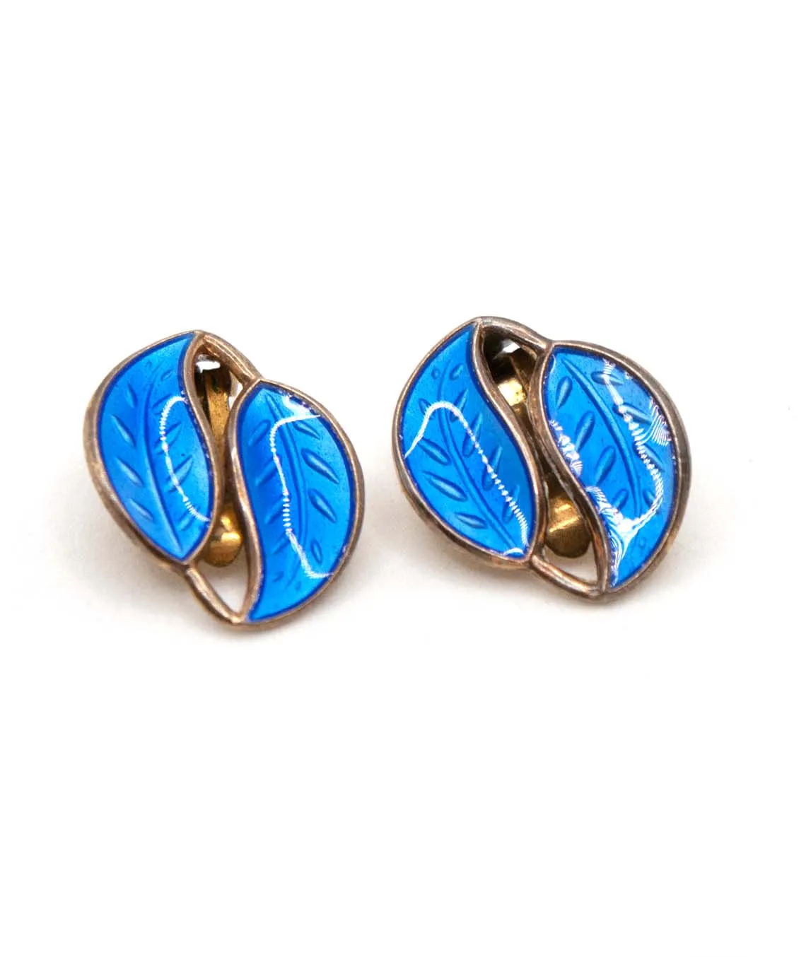 Blue enamel double leaf clip earrings by David Andersen of Norway