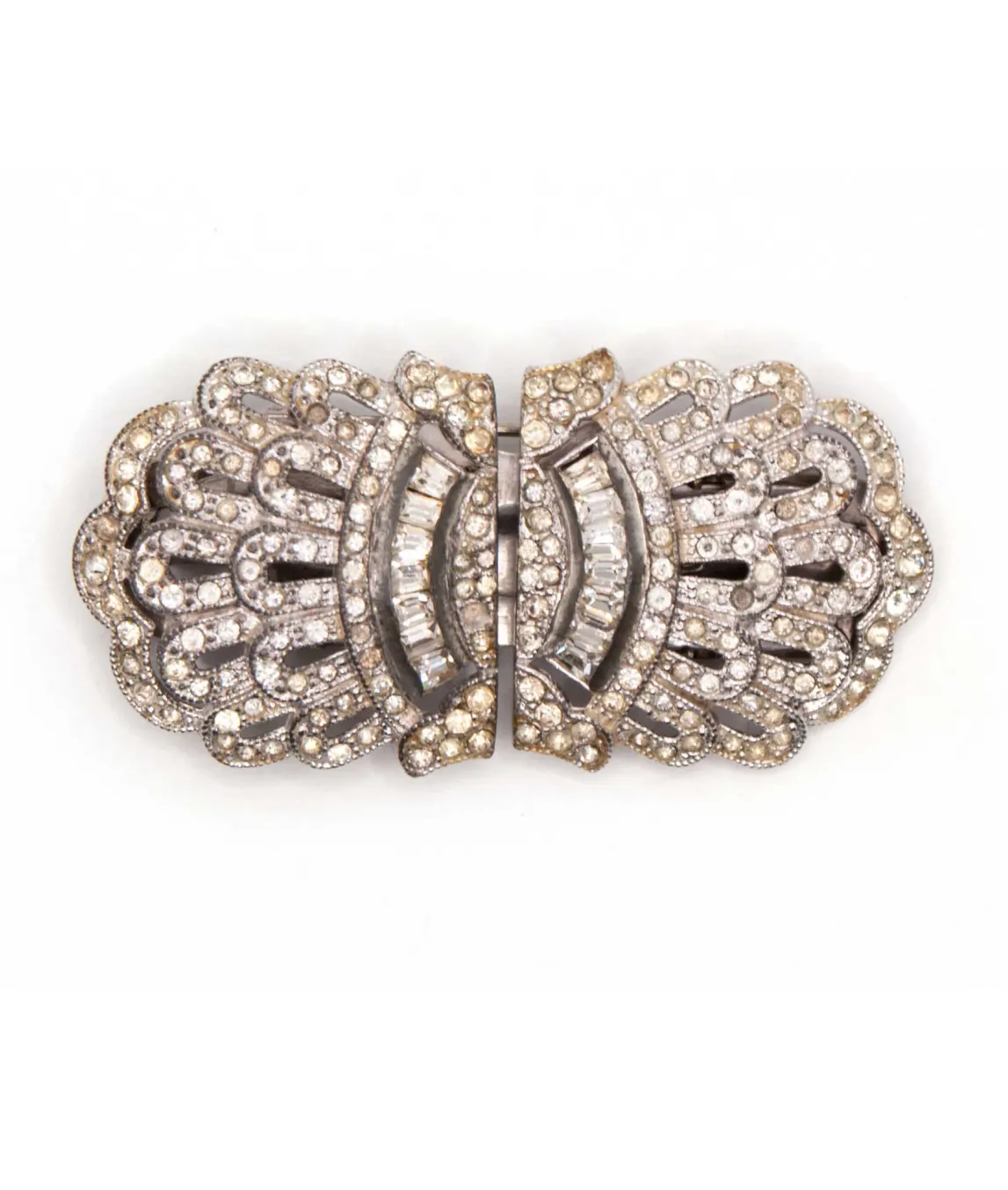 Curved edge Art Deco duo dress clip brooch with clear paste crystals