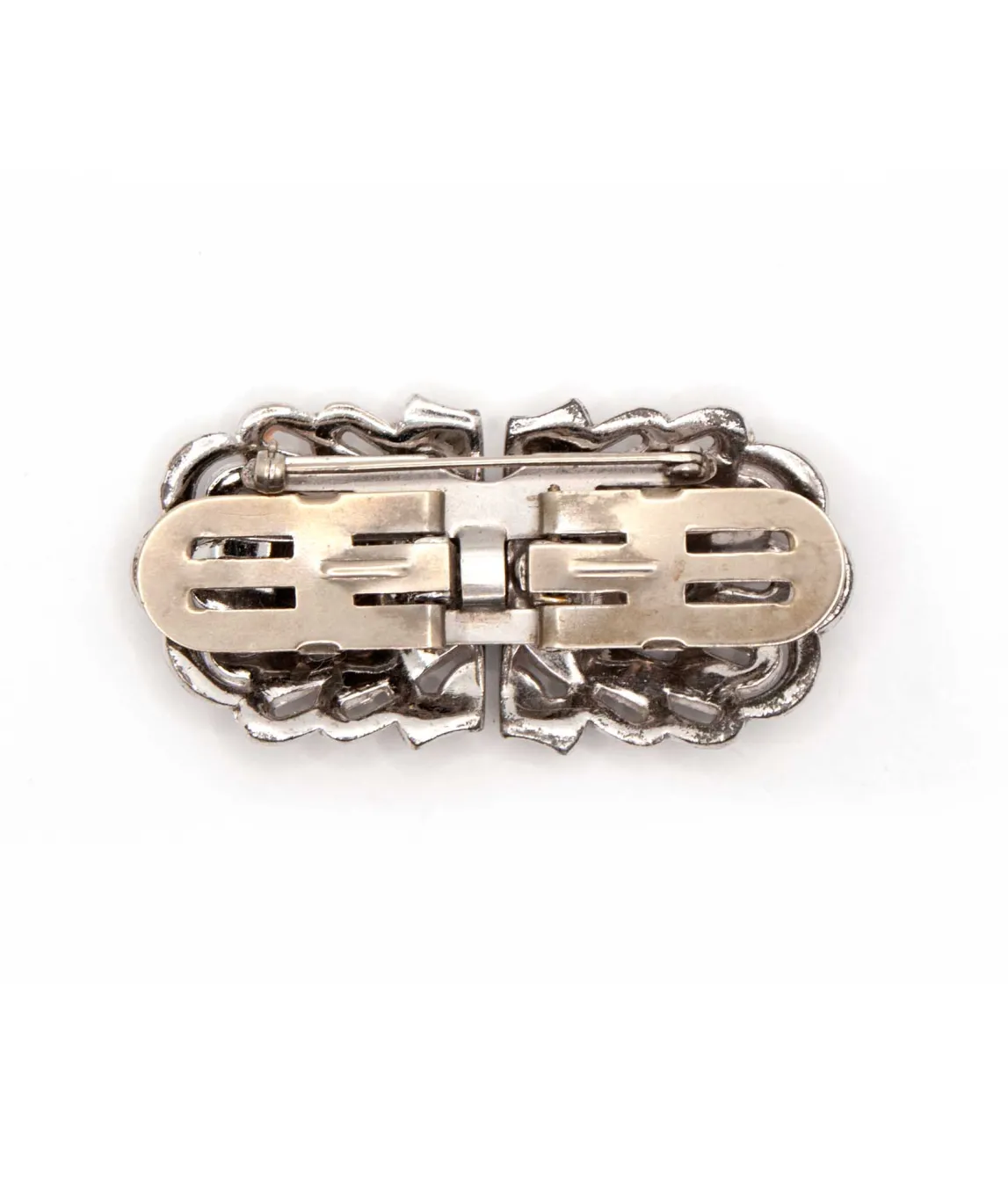 Back of Art Deco duo dress clip brooch with rhodium plated silver tone finish
