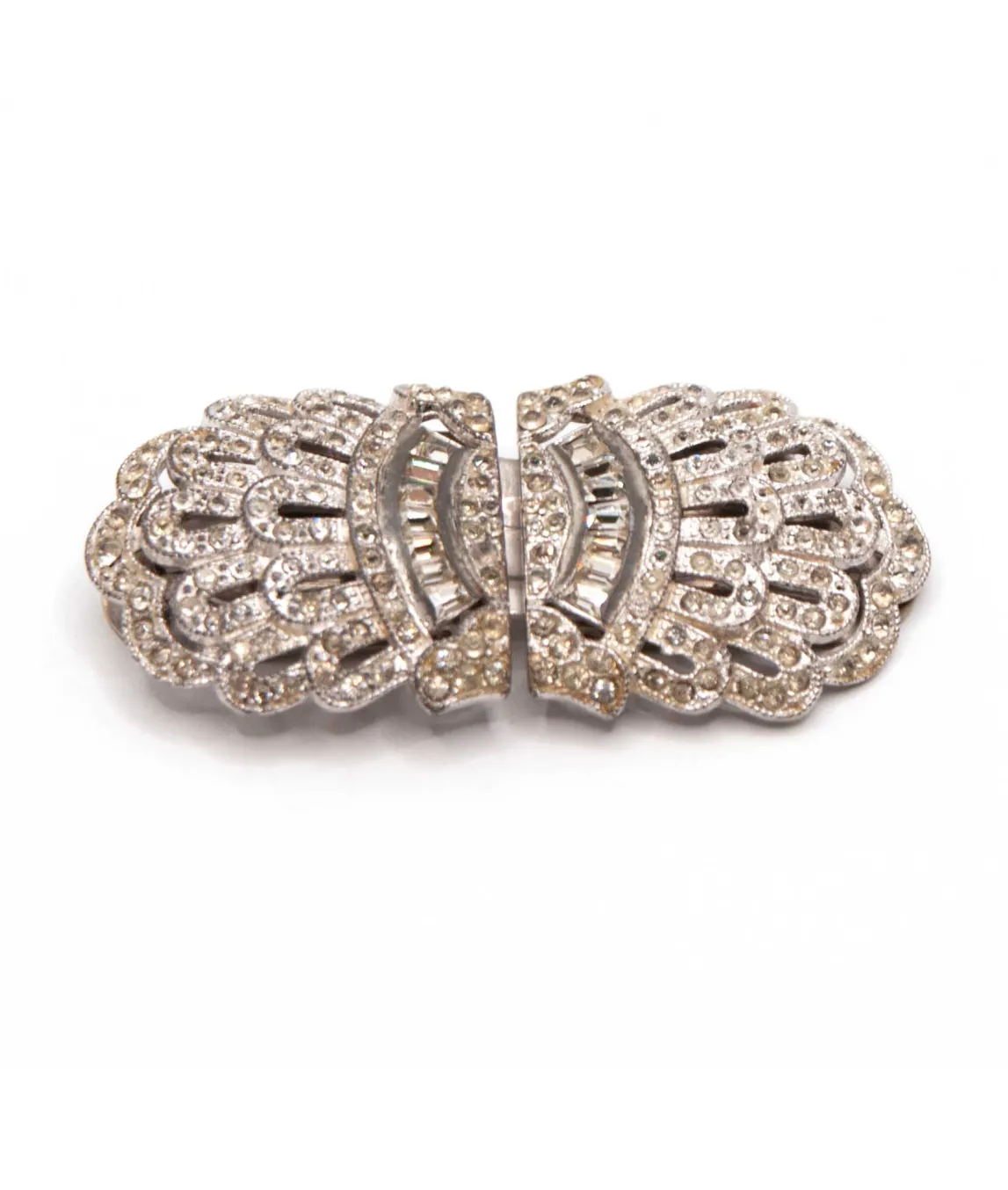 Curved edge Art Deco duo dress clip brooch with clear paste rhinestones