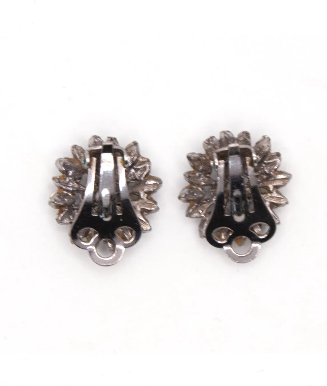 Back of vintage floral silver-tone marcasite chip clip-on earrings.