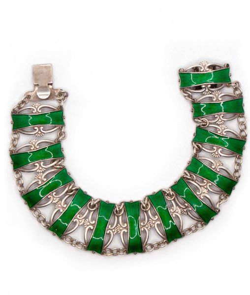 Vintage Green Enamel Silver Bracelet by Ivar T Holth