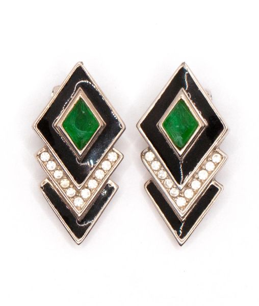 Vintage Christian Dior Art Deco Style Ear Clips Green and Black